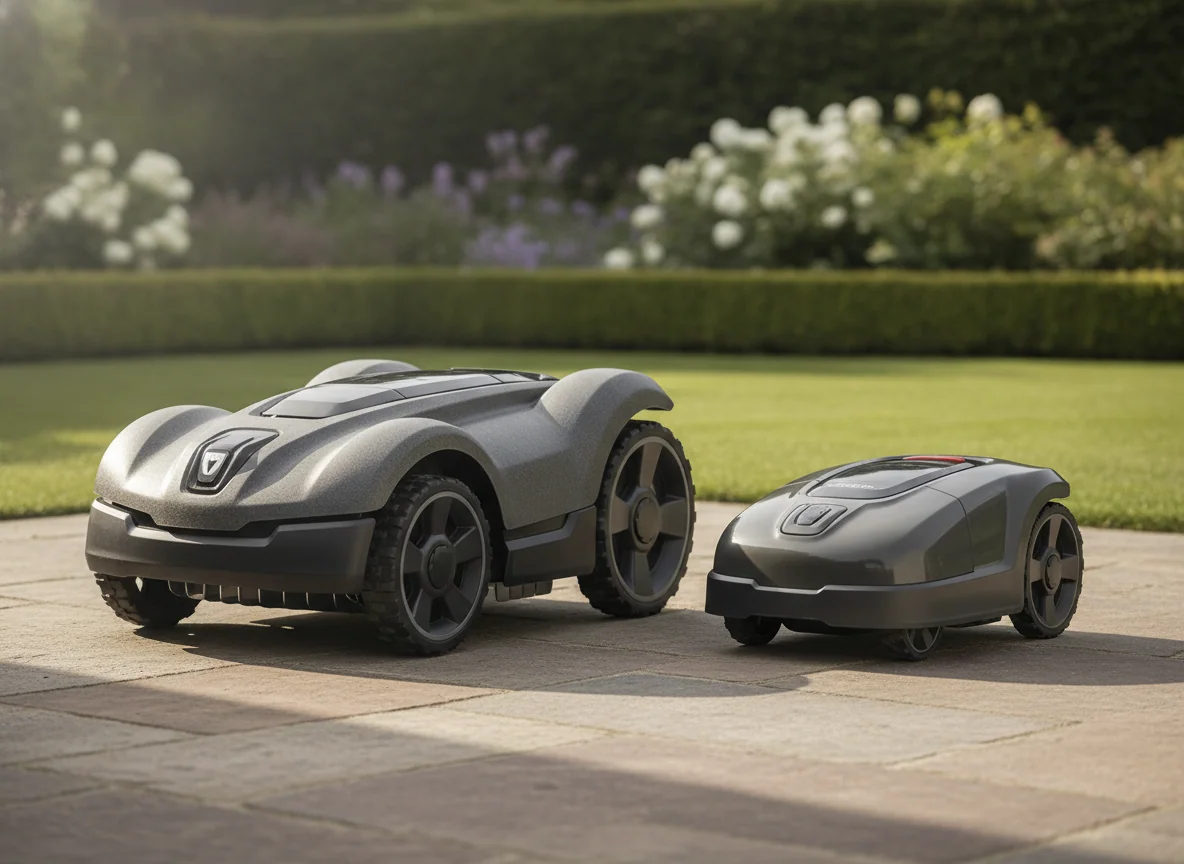 Two compact robotic lawn mowers are parked together, showing one with a wider cutting deck and larger body.