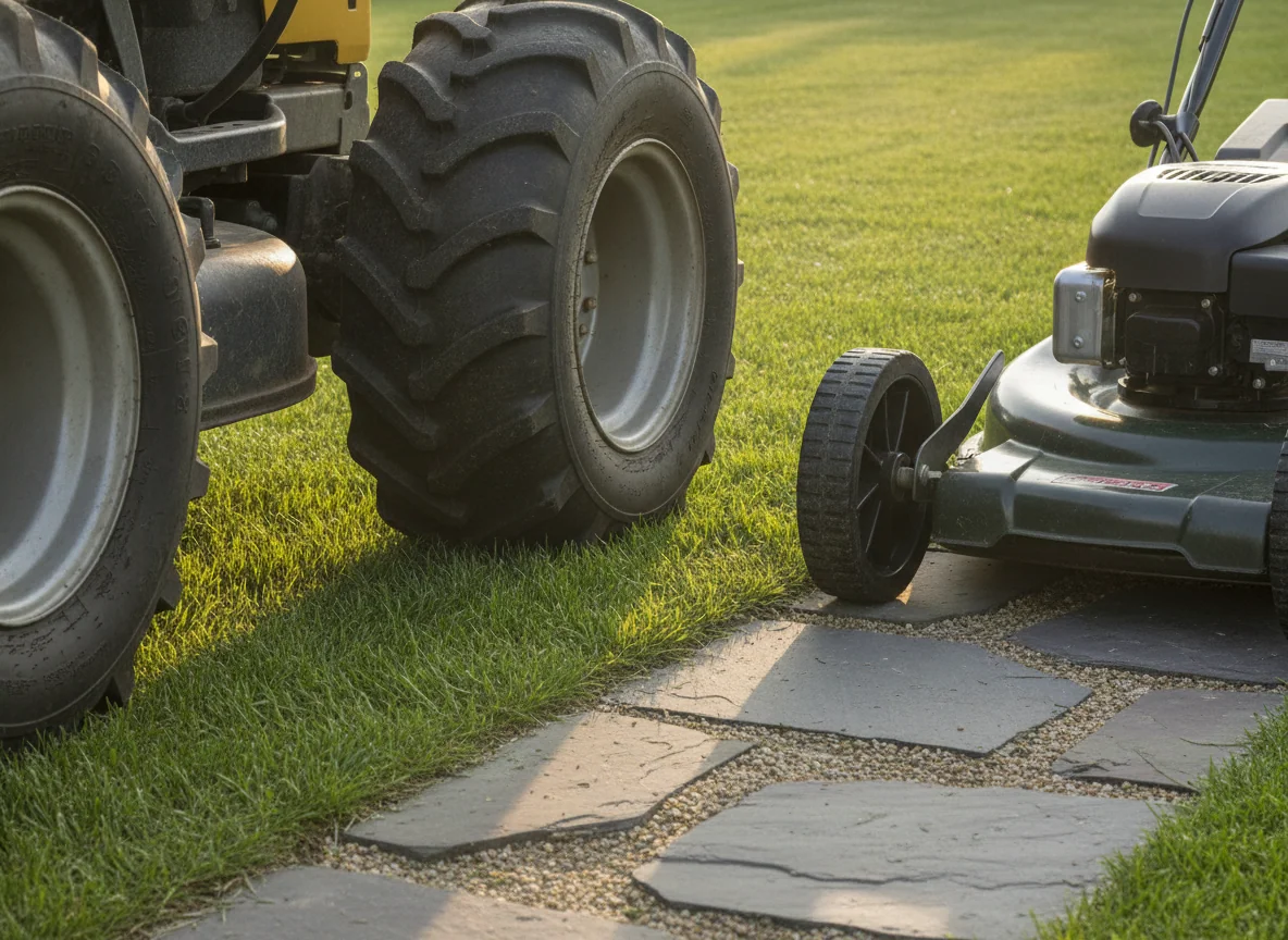 The larger mower's rugged wheels stand beside the compact mower's smaller wheels at the edge of a lawn.