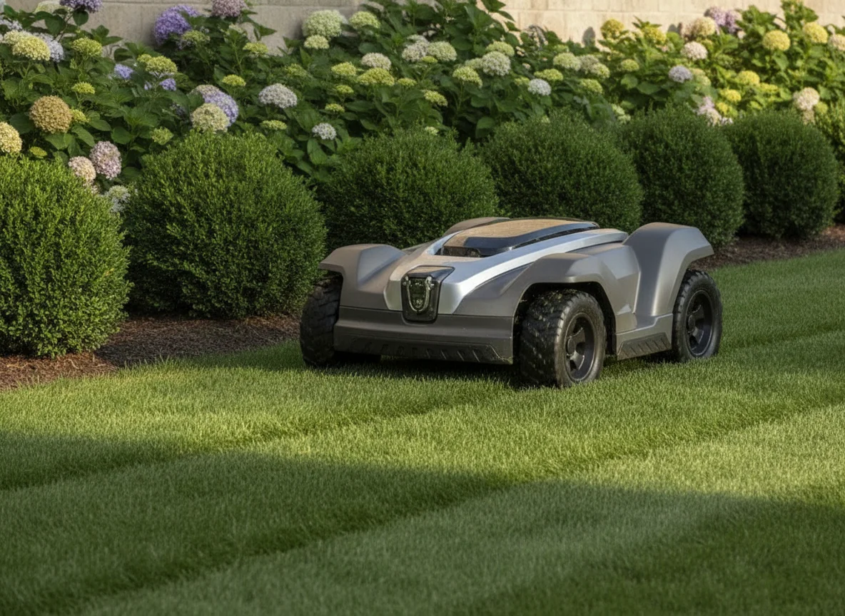 A large robotic lawn mower with wide wheels cuts dense grass beside a row of planted shrubs.