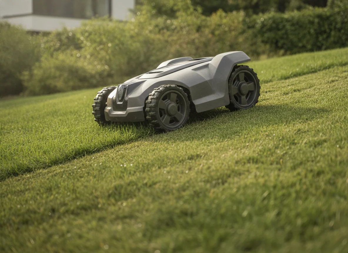 A robotic lawn mower grips a sloped lawn with its large treaded wheels visible beside the cut grass behind it.