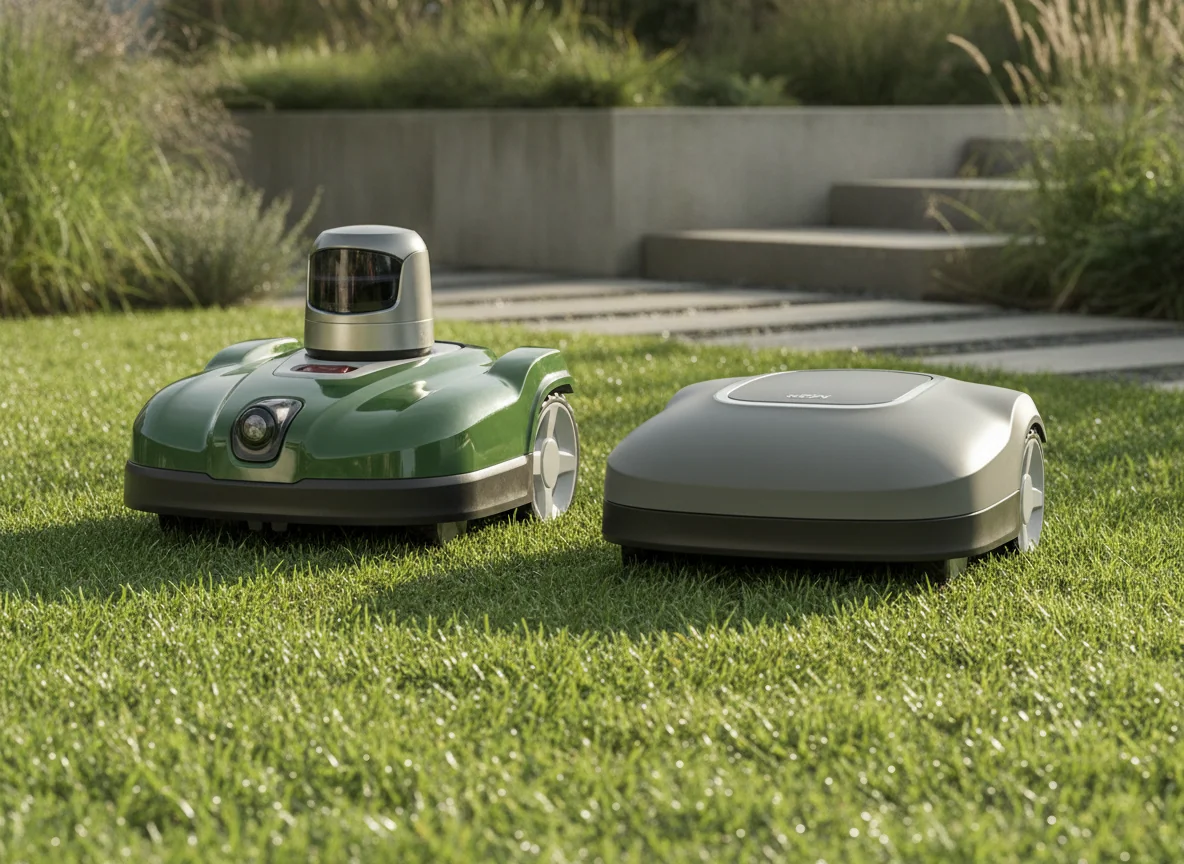 One robotic mower has a raised sensor housing while the other has a lower rounded top cover beside it.