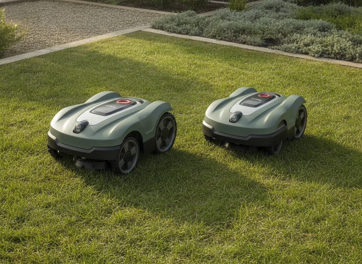 Two similar robotic mowers show different cutting deck widths and wheel positions on short grass.