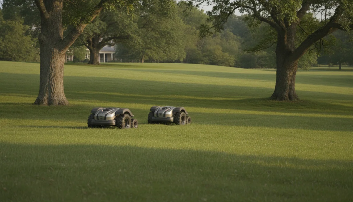 Two rugged all-wheel-drive robotic lawn mowers work across a large rolling lawn with a long slope and mature trees.