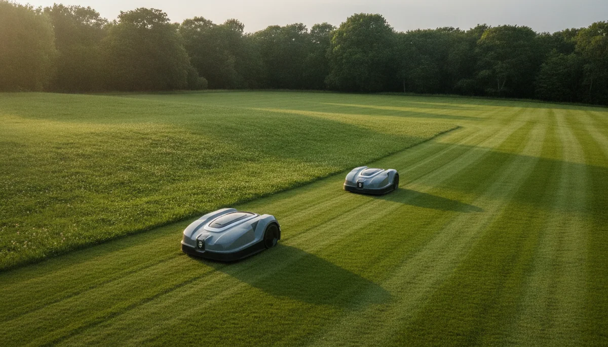 Two large robotic lawn mowers work across an expansive property lawn with a steep bank and distant trees.