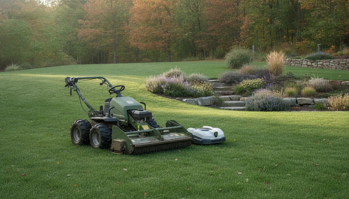 A rugged all-wheel-drive mower and a large wire-free robotic mower stand on a broad lawn with a slope and garden beds.