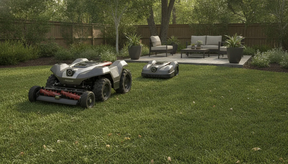 A rugged all-wheel-drive robotic mower and a compact camera-guided mower cut grass near a backyard slope and patio.