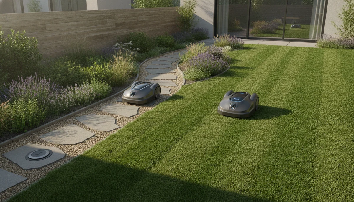 Two compact robotic lawn mowers work on a small backyard lawn with a narrow path and low garden beds.