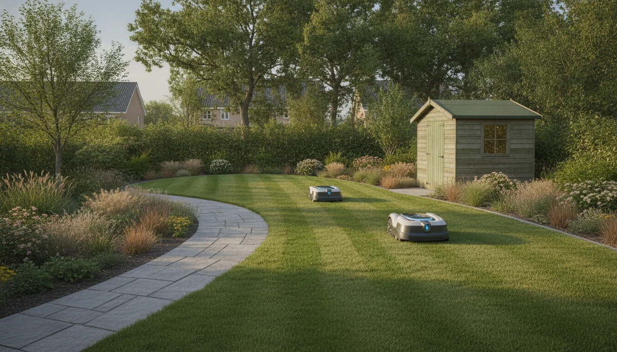 Two compact robotic lawn mowers cut grass around a small suburban garden with a shed and curved path.