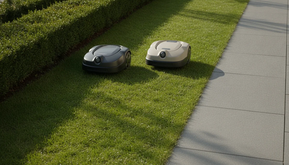 Two compact robotic lawn mowers stand on a small lawn beside a low hedge and paved path.