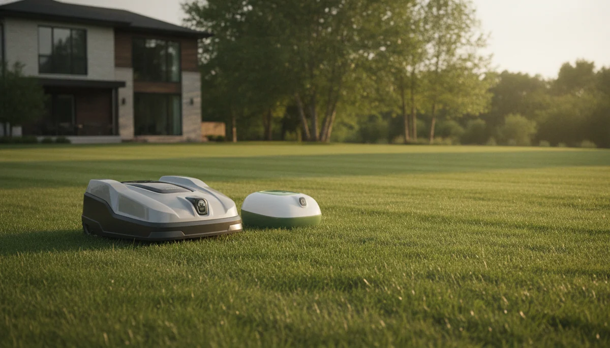 Two wire-free robotic lawn mowers of different sizes stand on a broad lawn with a house and distant trees behind them.