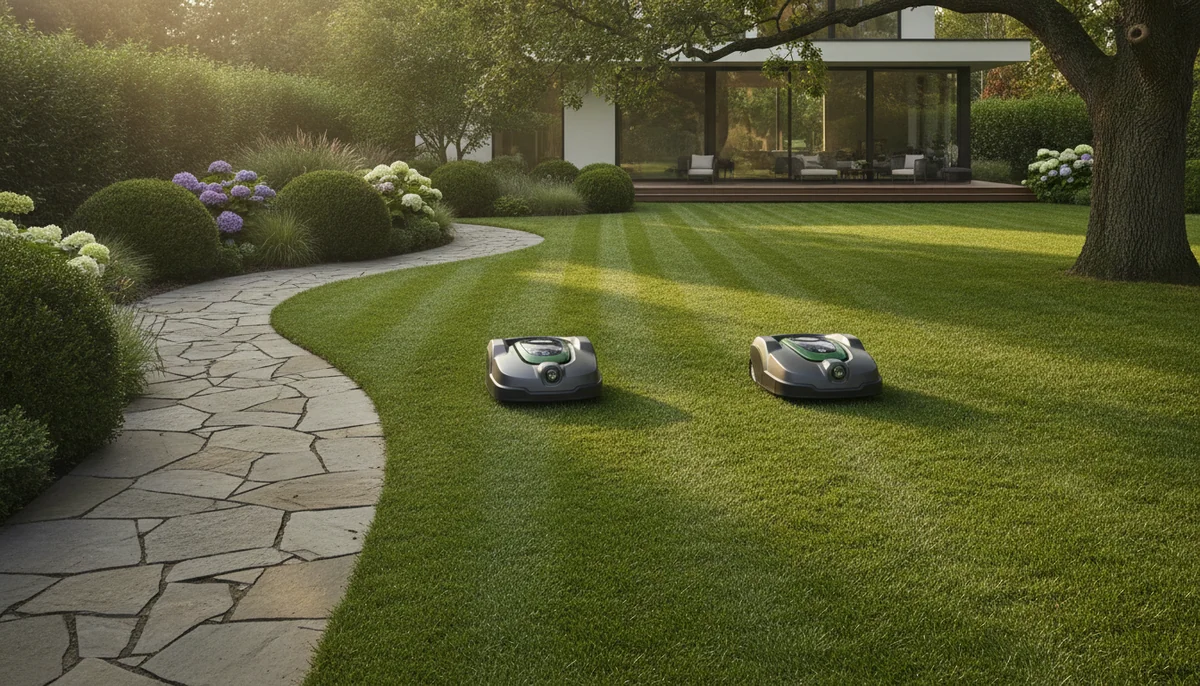 Two wire-free robotic lawn mowers cut a landscaped backyard lawn beside a stone path and shrubs.