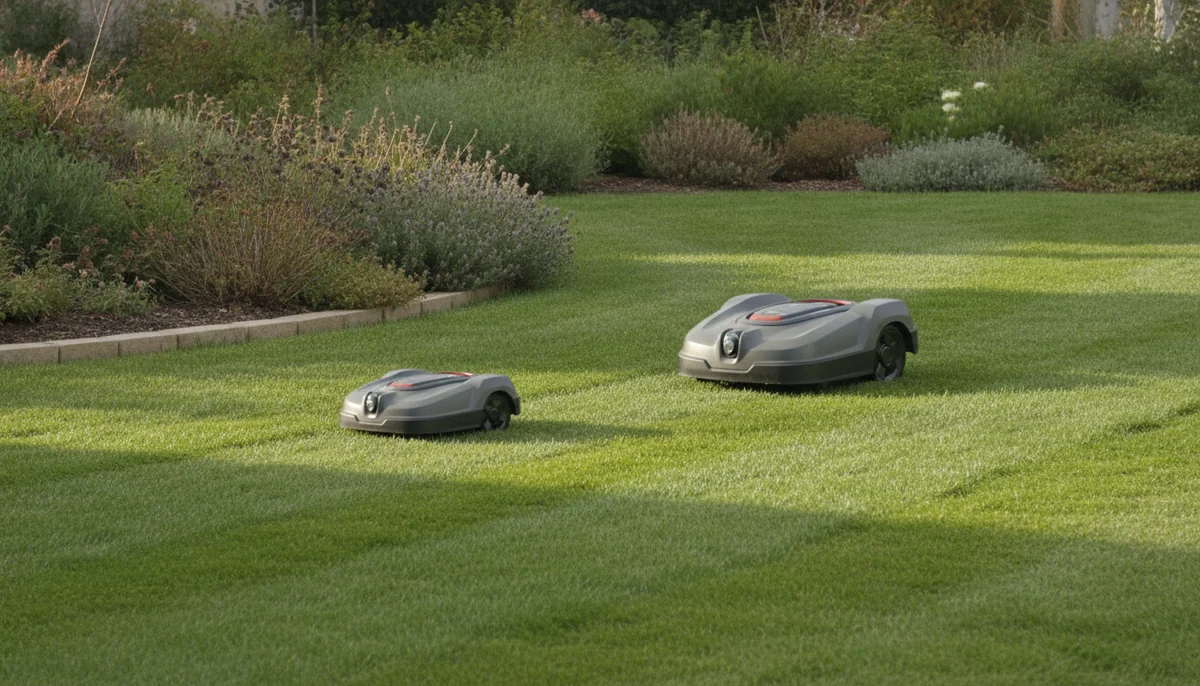 A compact robotic mower and a larger robotic mower work across a lawn with a small slope near the garden border.
