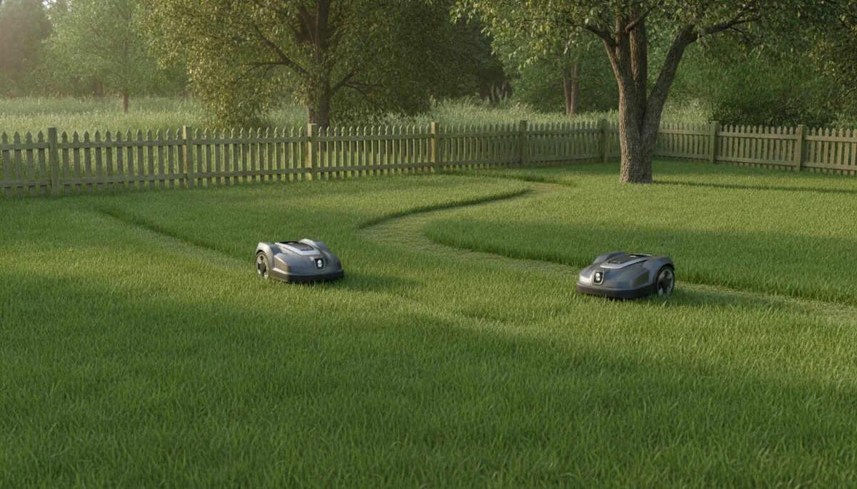 Two compact robotic lawn mowers cross a small backyard lawn with a fence, trees, and a narrow grass passage.