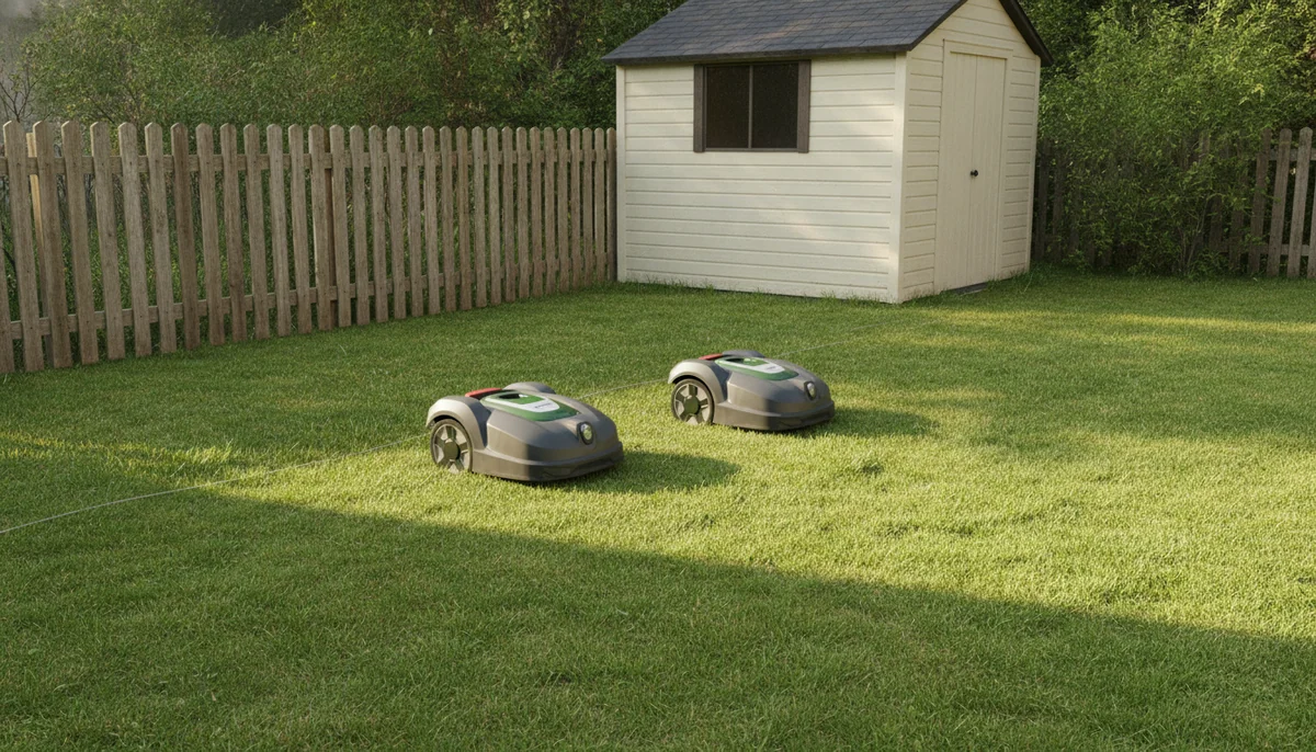 Two small boundary-wire robotic lawn mowers stand on a modest backyard lawn beside a fence and storage shed.