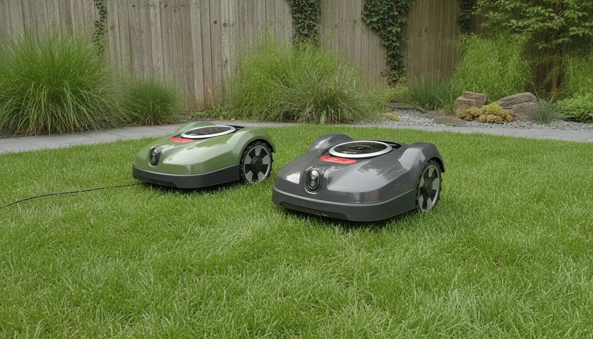 A compact boundary-wire robotic mower and a wire-free sensor-guided mower stand on a small landscaped backyard lawn.