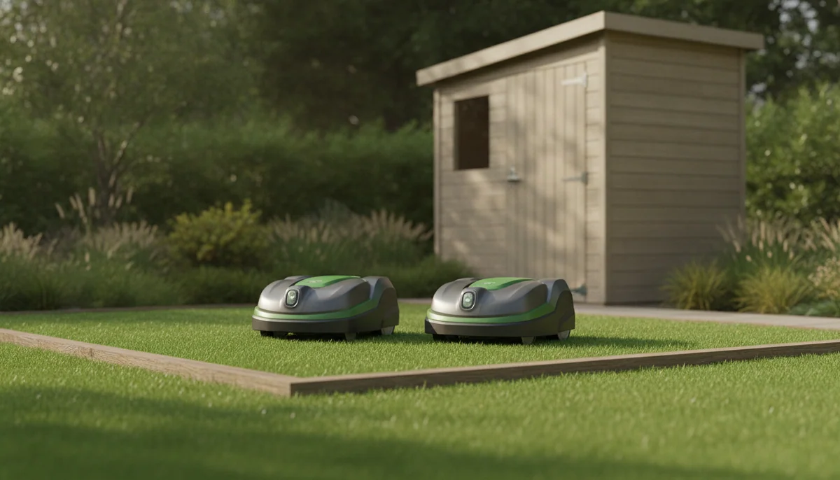 Two compact boundary-wire robotic lawn mowers stand on a modest rectangular lawn beside a garden shed.
