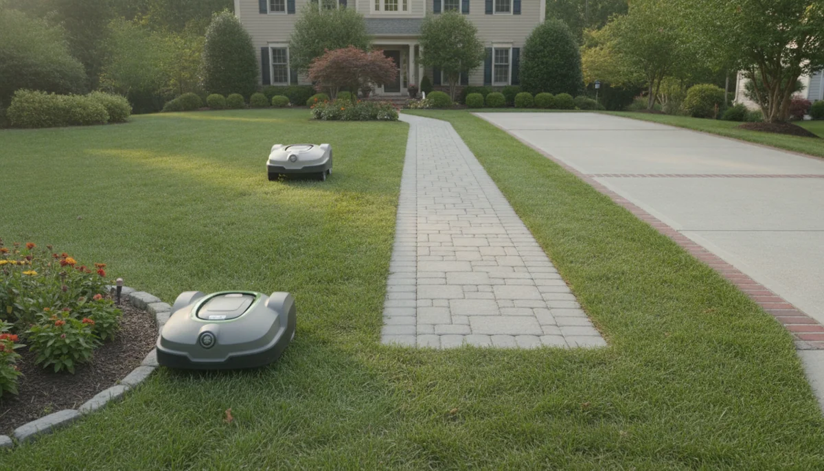 A compact boundary-wire robotic mower and a larger wire-free mower work on a lawn with an open path to the driveway.