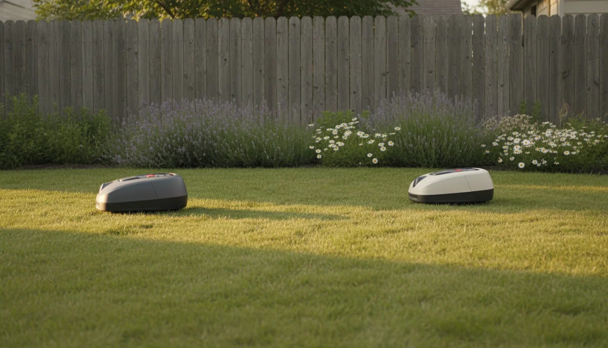 Two entry-level robotic lawn mowers work on a simple backyard lawn bordered by a wooden fence and small flower bed.