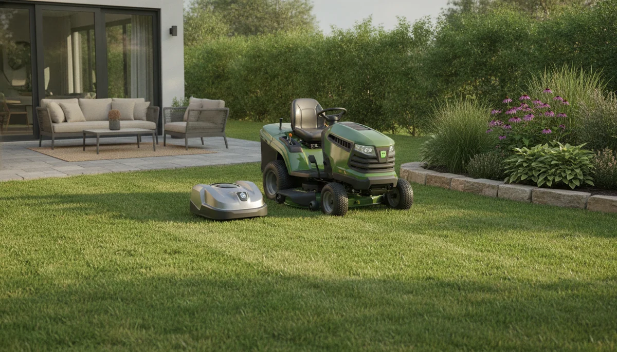A small robotic lawn mower and a larger mower stand on a medium backyard lawn with a patio and garden border.